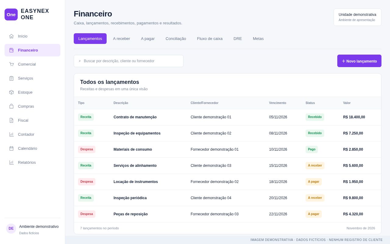 Demonstração de Financeiro no Easynex One, preenchida com dados fictícios.