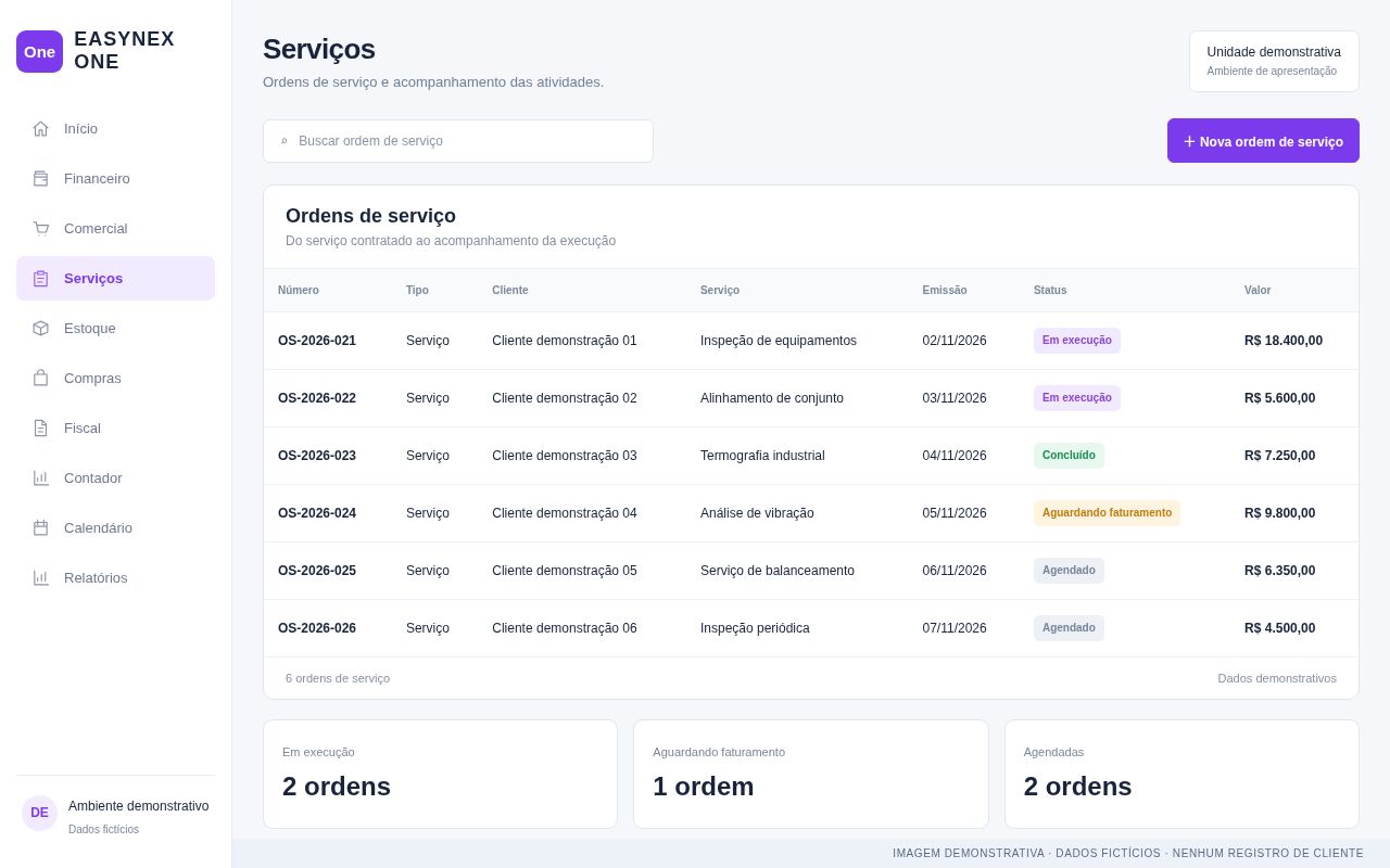 Demonstração de Ordens de serviço no Easynex One, preenchida com dados fictícios.