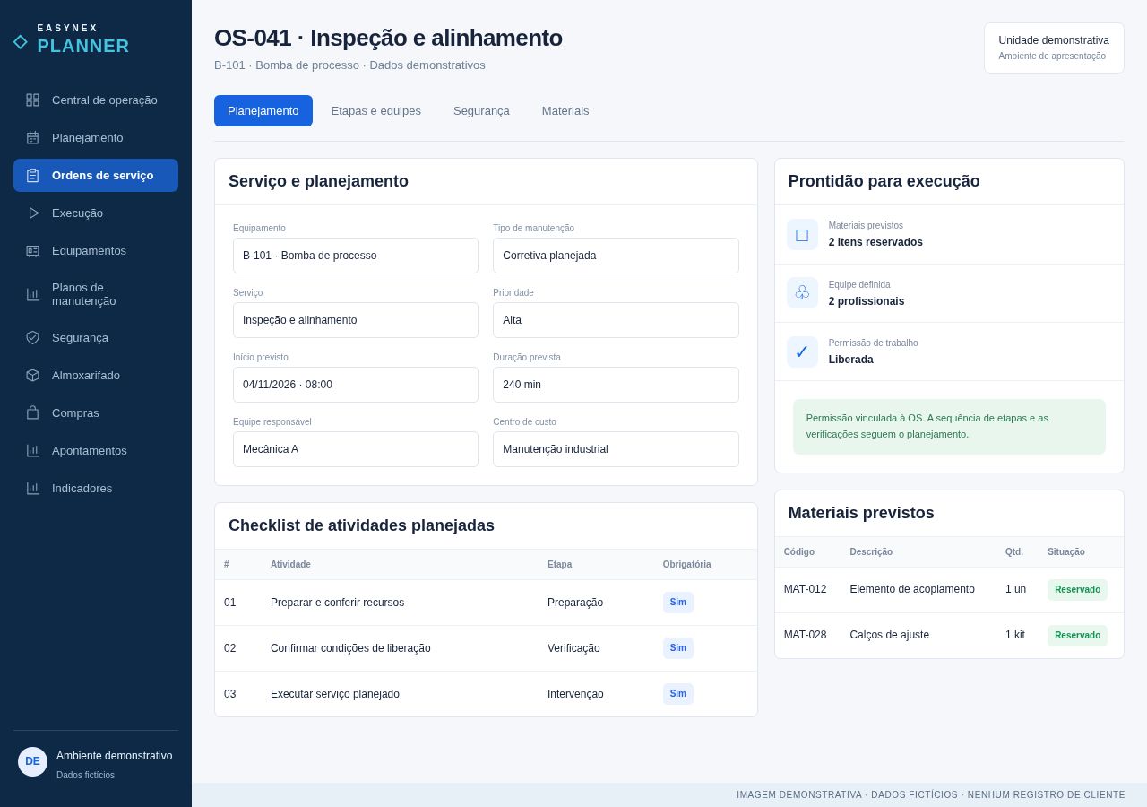 Demonstração de Ordens de serviço no Easynex Planner, preenchida com dados fictícios.